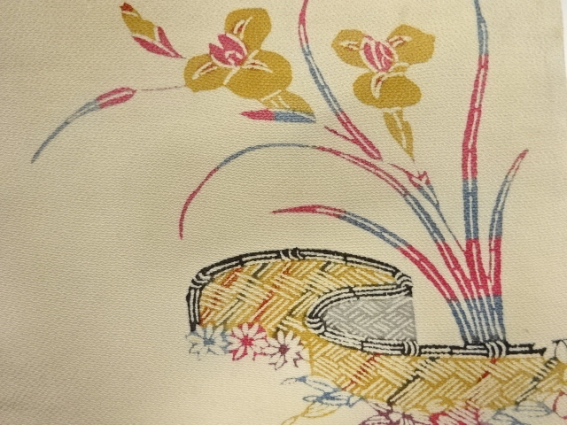 アンティーク　縮緬地型染垣根に草花模様名古屋帯